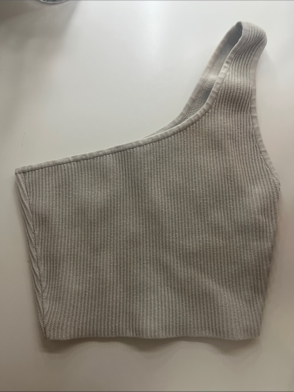 Aritzia Babaton Ribbed One-Shoulder Crop Top in Light Taupe